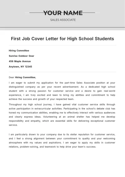 Free First Job Cover Letter for High School Students to Edit Online