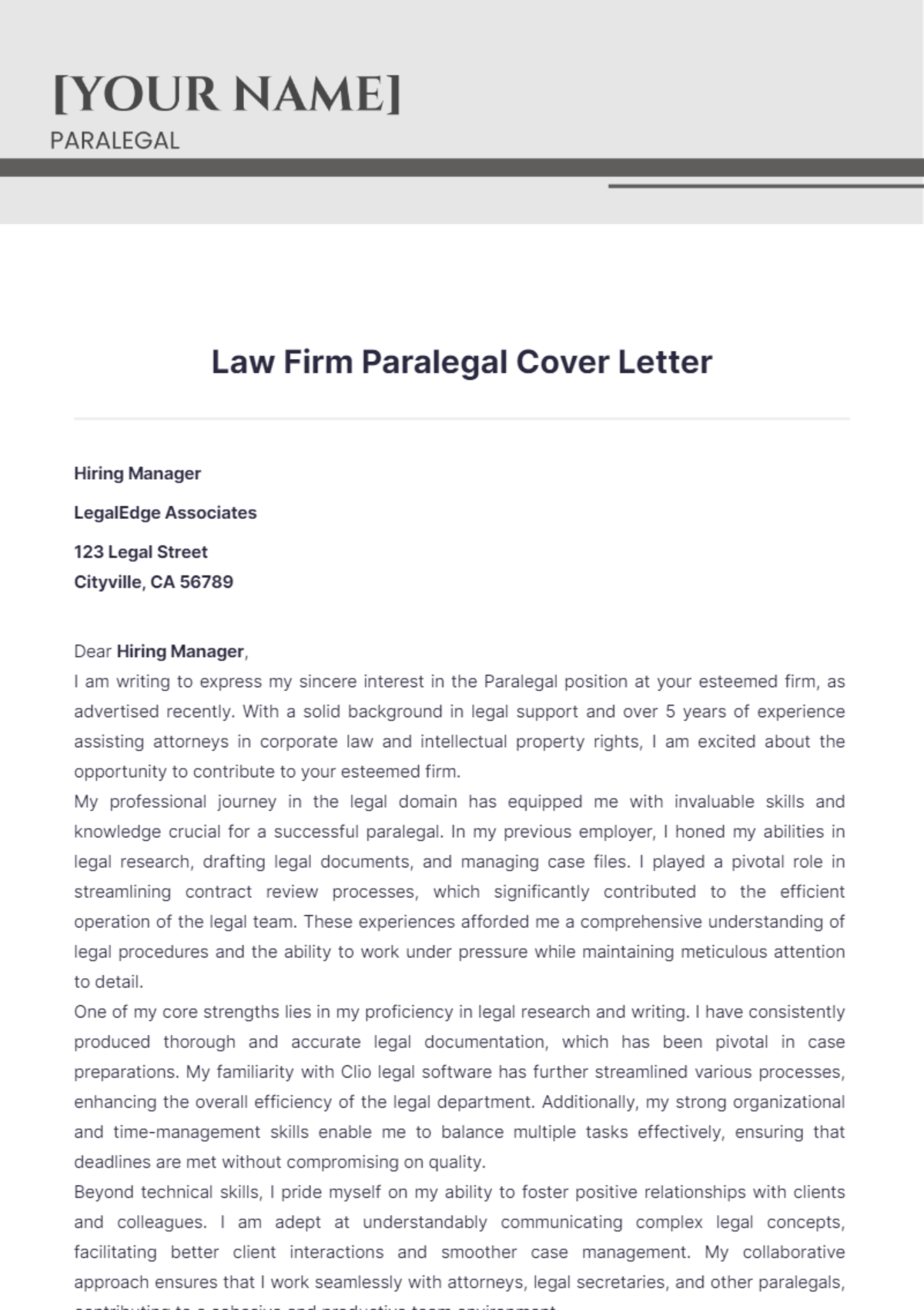 Law Firm Paralegal Cover Letter