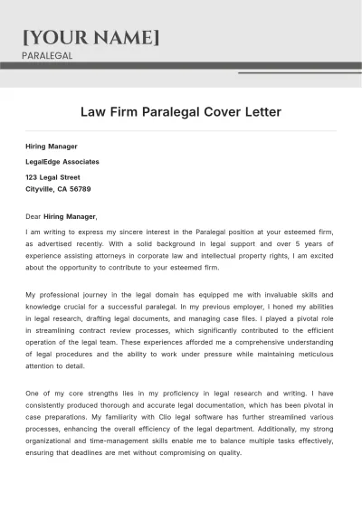 Free Law Firm Paralegal Cover Letter to Edit Online