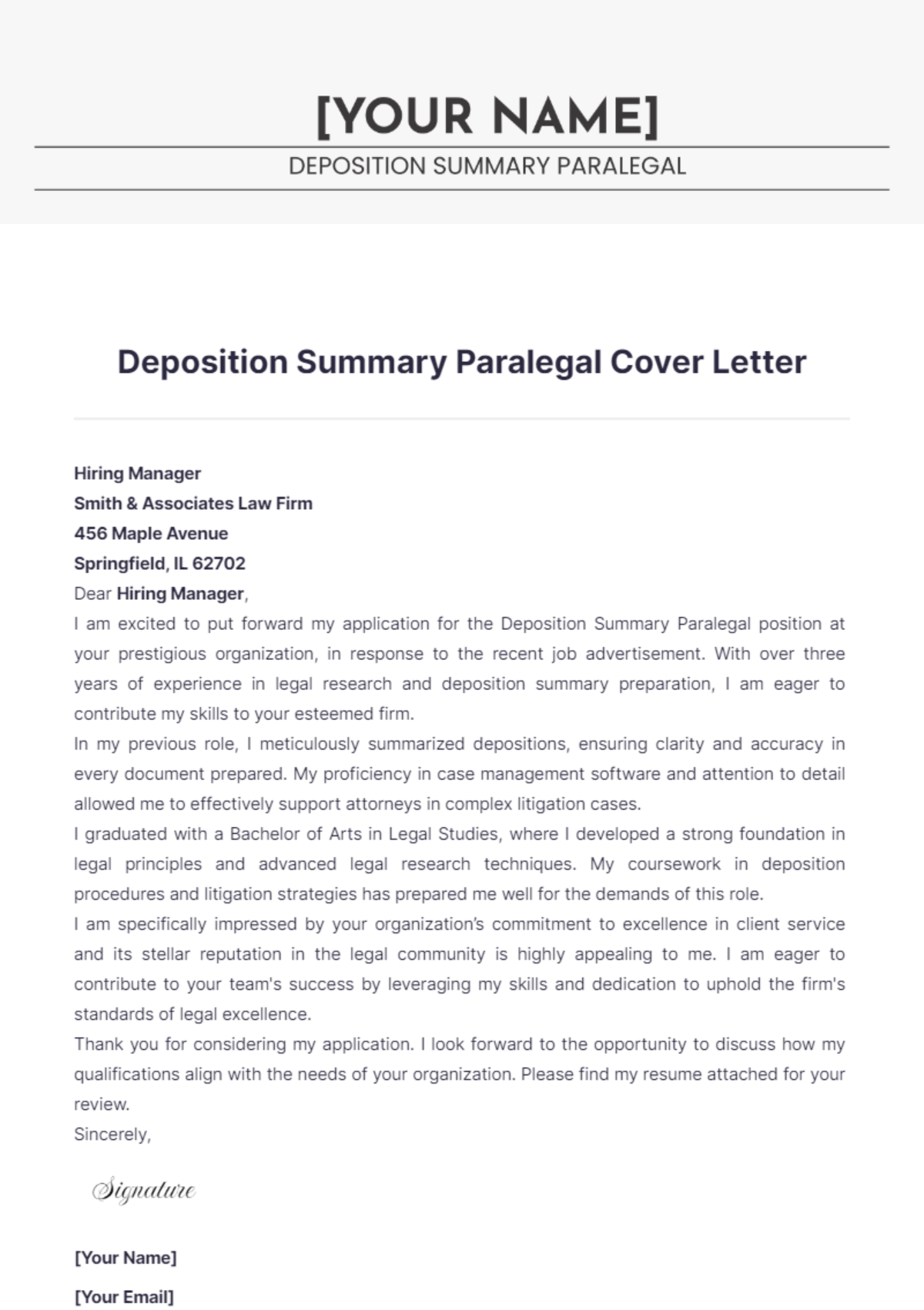 Deposition Summary Paralegal Cover Letter - Edit Online & Download