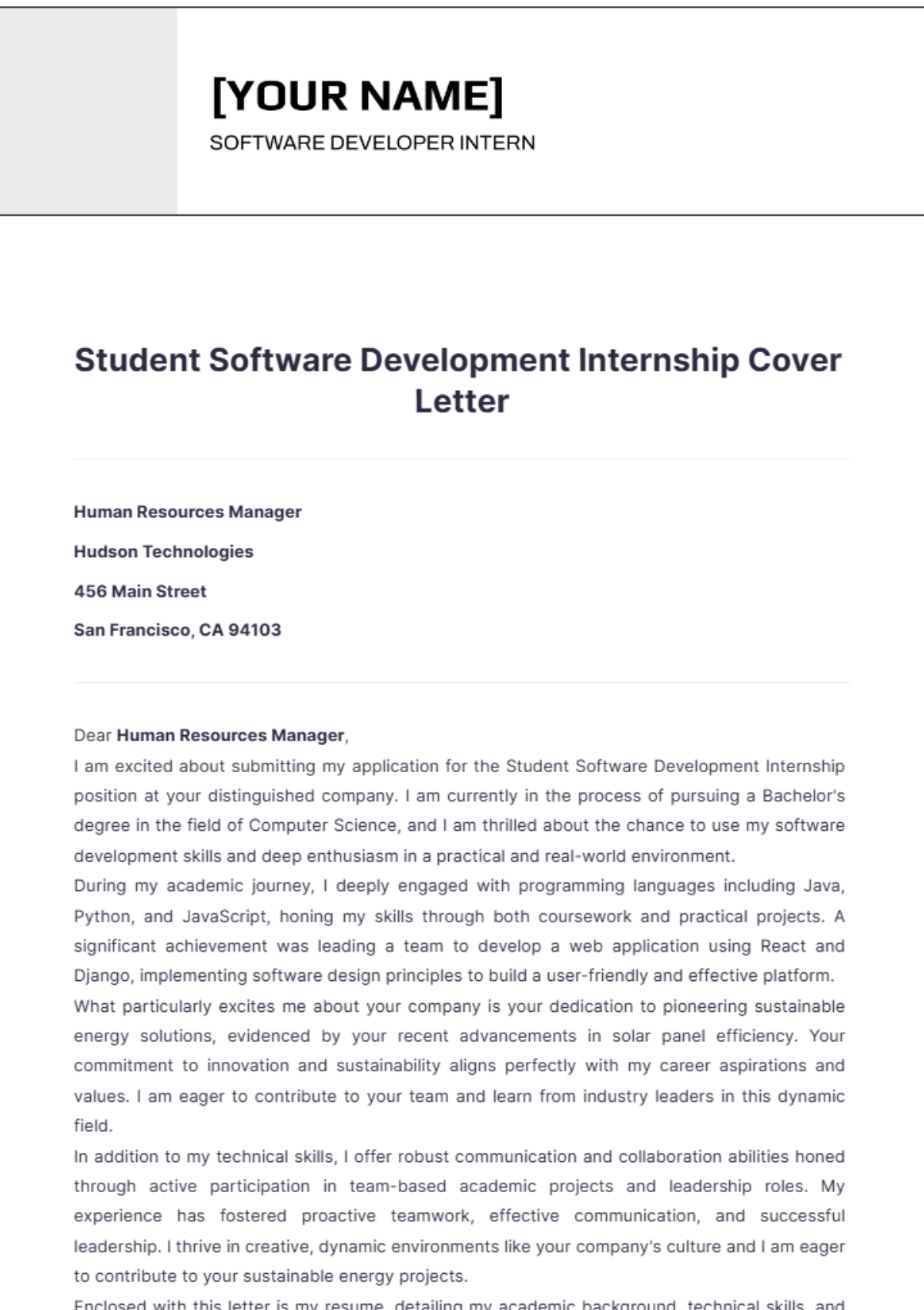 Student Software Development Internship Cover Letter - Edit Online & Download