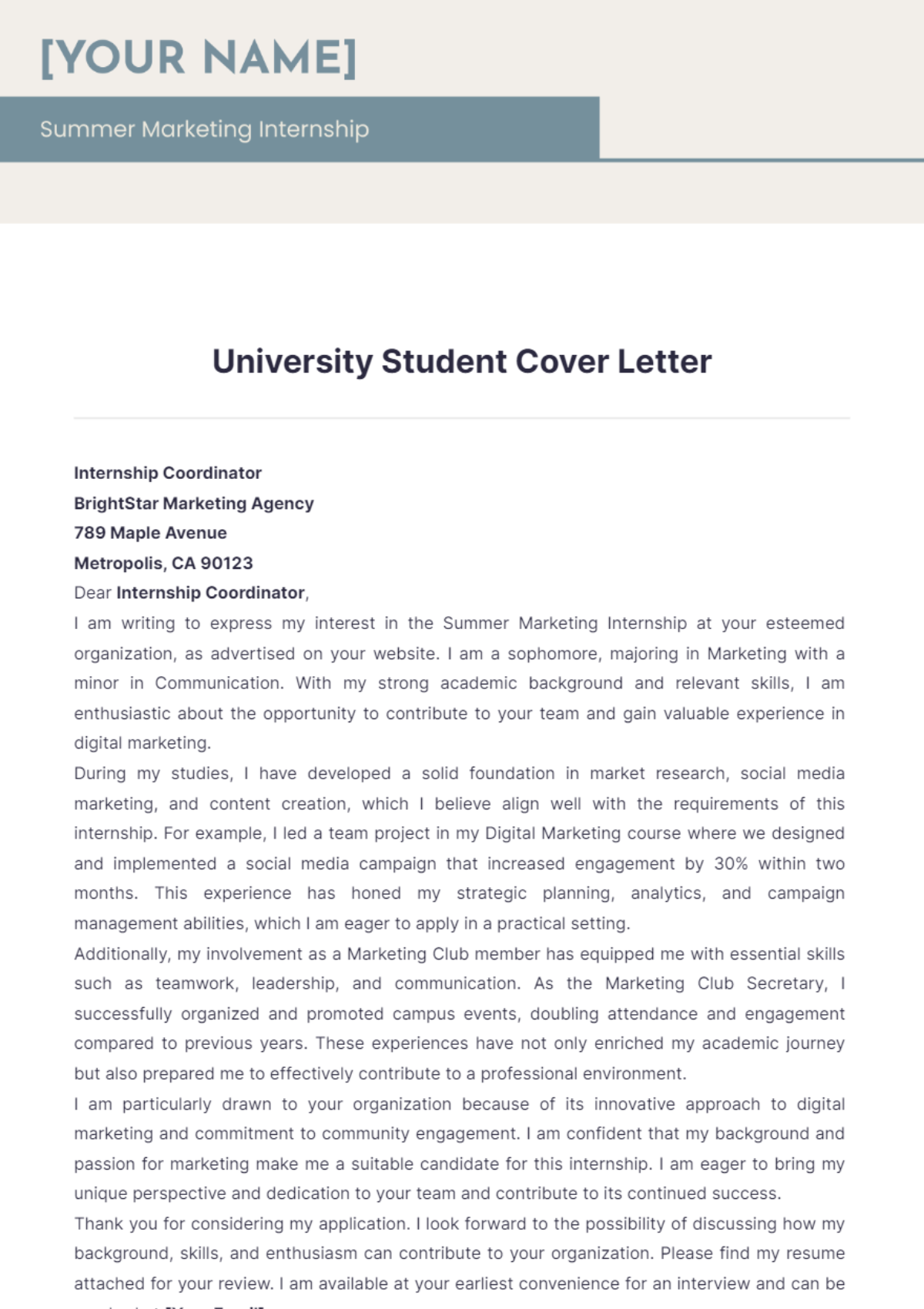 good university student cover letter