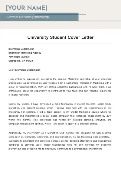 Free University Student Cover Letter to Edit Online