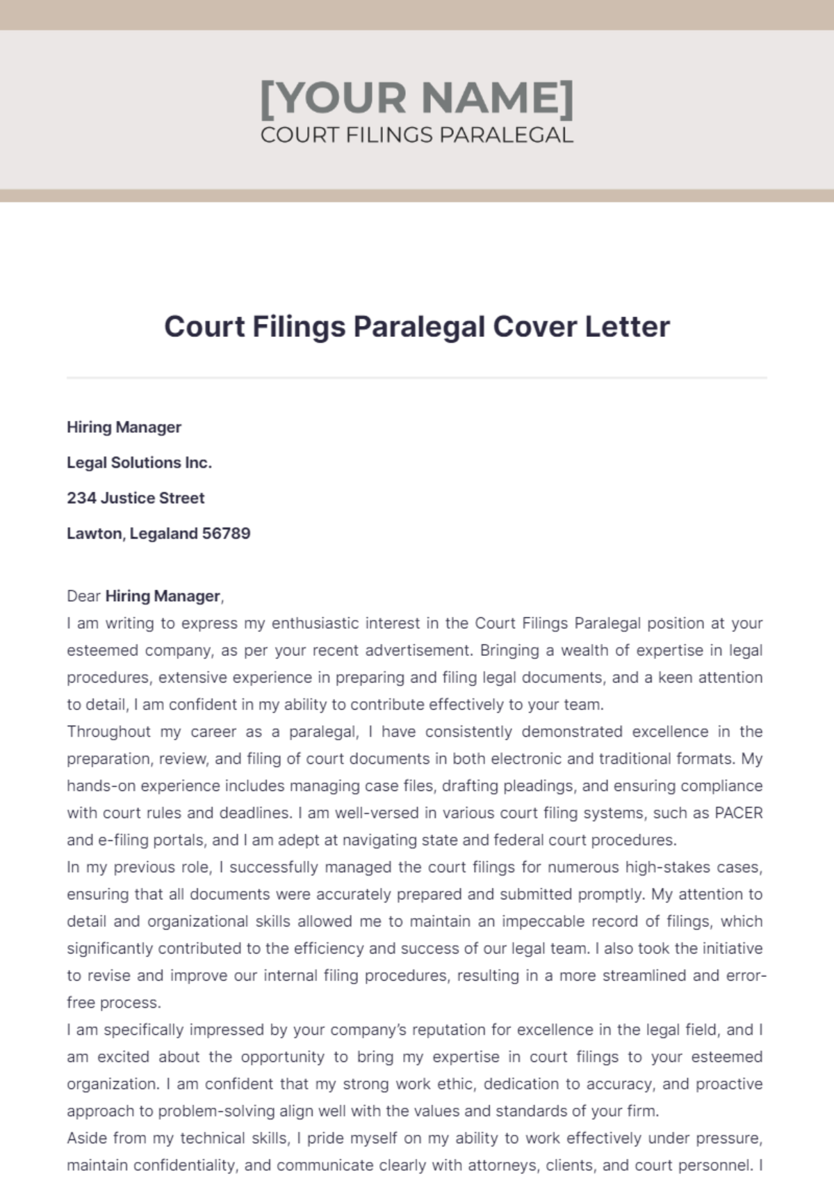 Court Filings Paralegal Cover Letter - Edit Online & Download