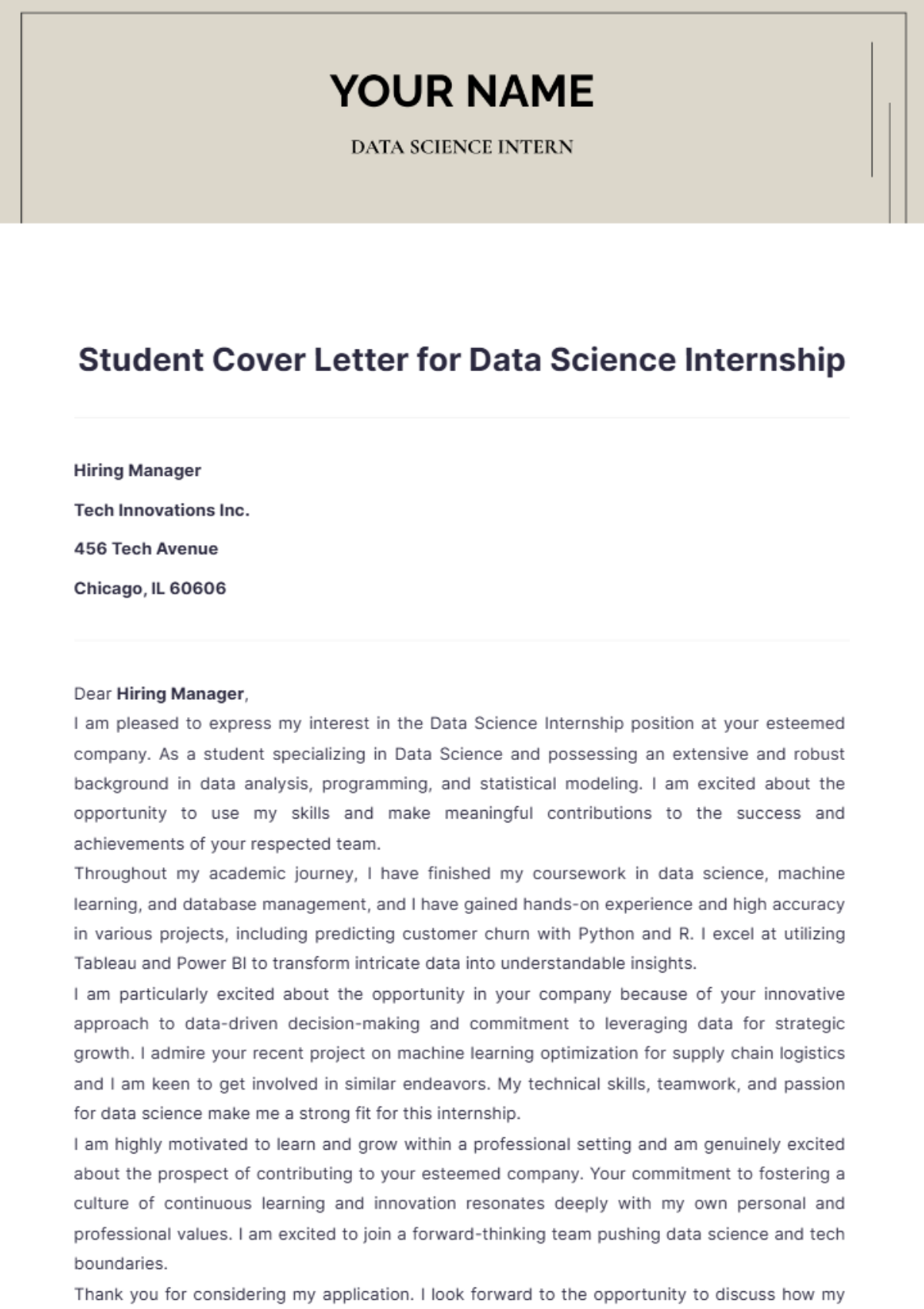 Student Cover Letter for Data Science Internship - Edit Online & Download