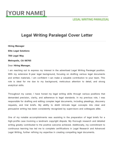 Free Legal Writing Paralegal Cover Letter to Edit Online