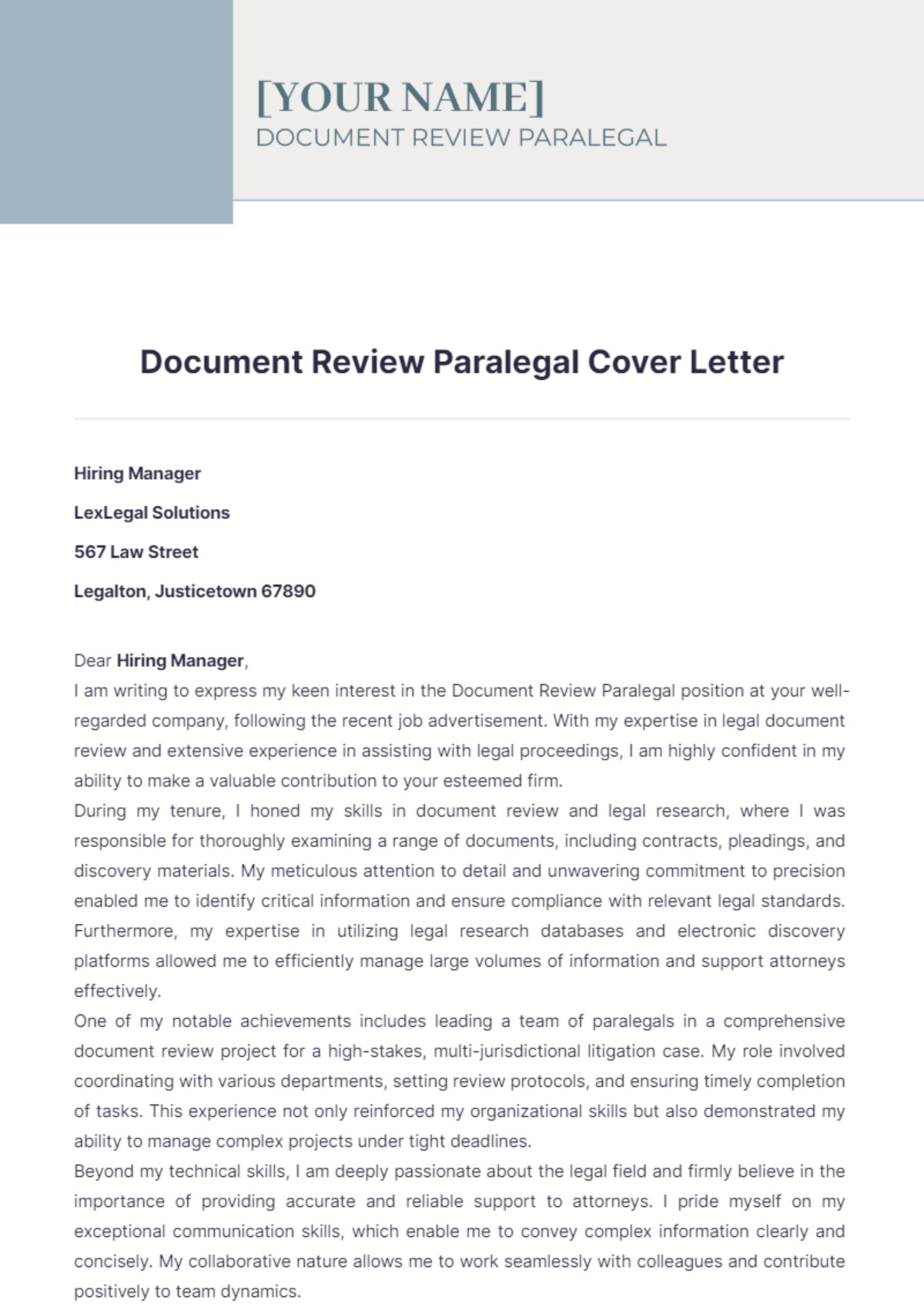 Document Review Paralegal Cover Letter - Edit Online & Download