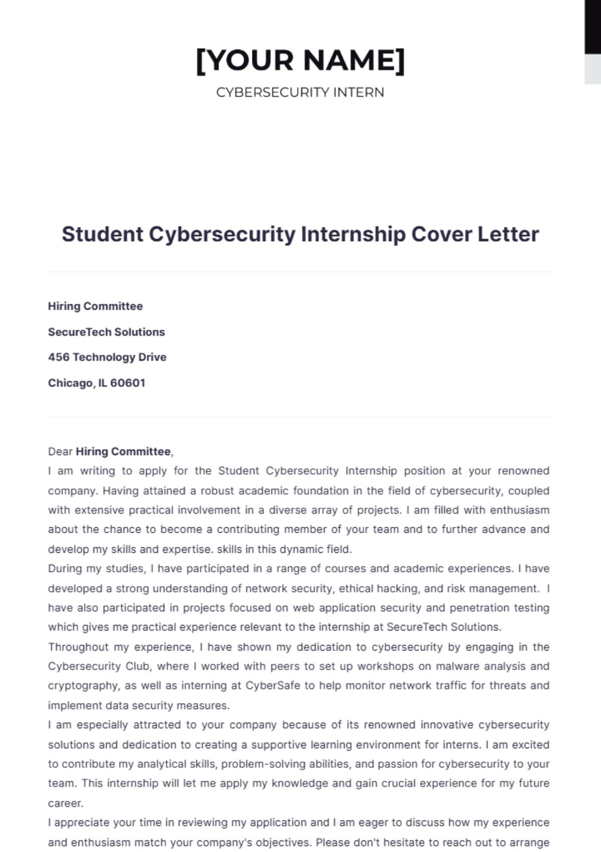 Student Cybersecurity Internship Cover Letter