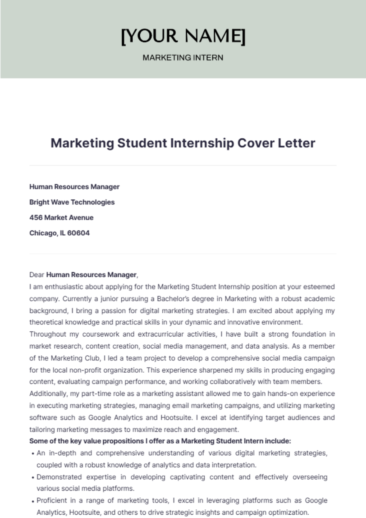 Marketing Student Internship Cover Letter