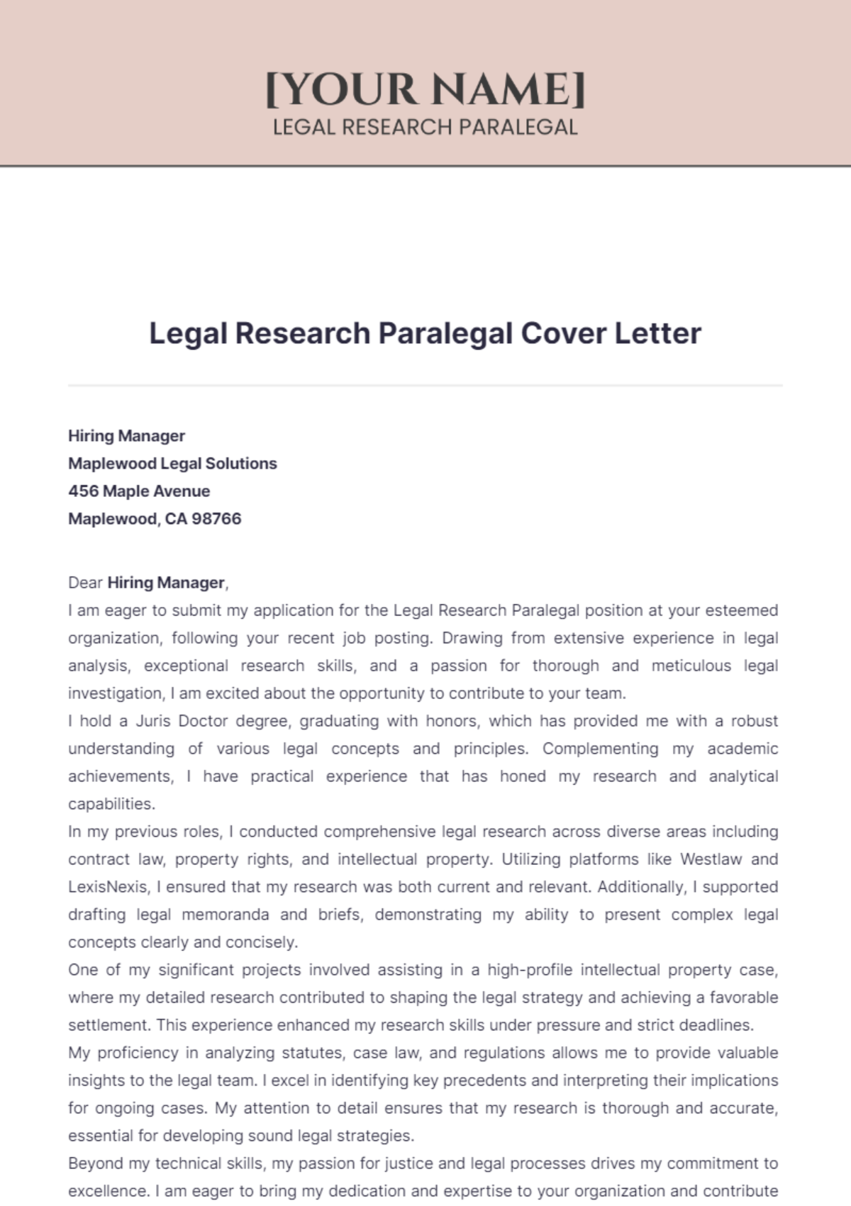 Legal Research Paralegal Cover Letter - Edit Online & Download