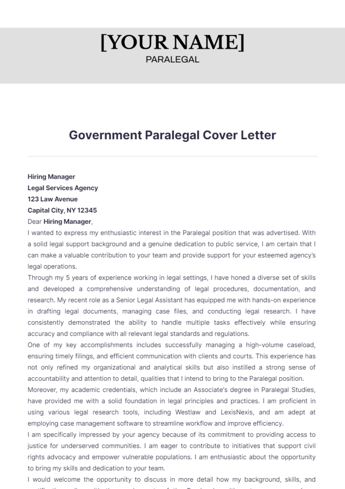 Government Paralegal Cover Letter - Edit Online & Download