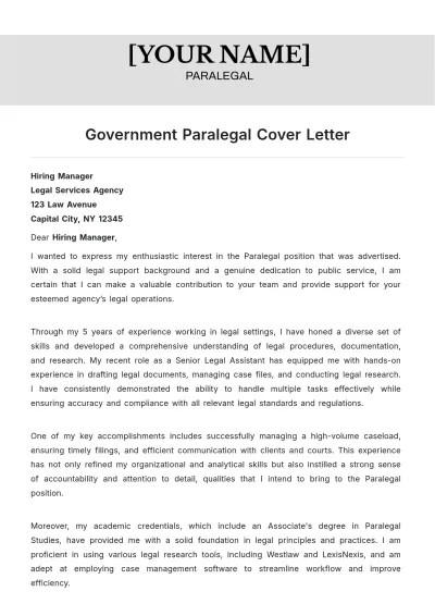 Free Government Paralegal Cover Letter to Edit Online