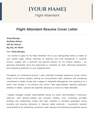 Free Flight Attendant Resume Cover Letter to Edit Online