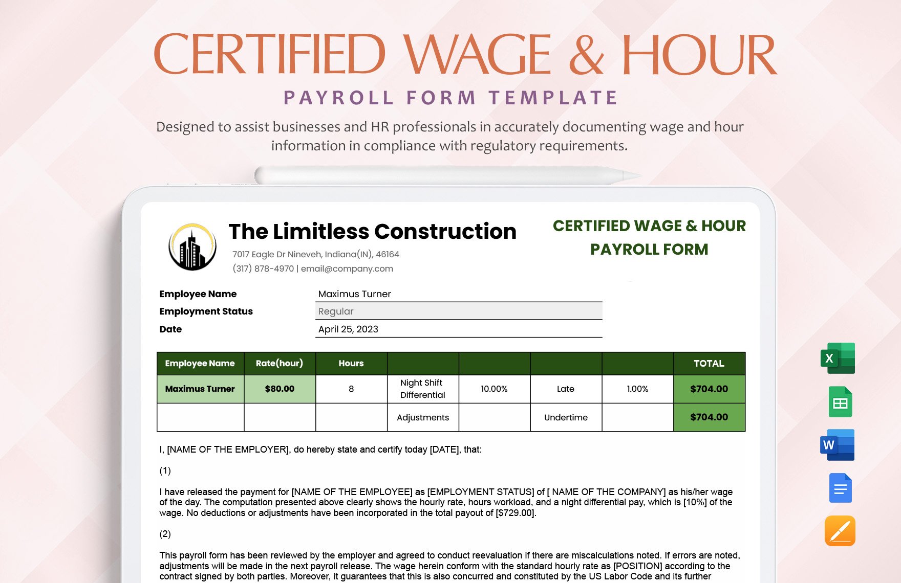 Certified Wage & Hour Payroll Form Template in Word, Google Docs, Excel, Google Sheets, Apple Pages