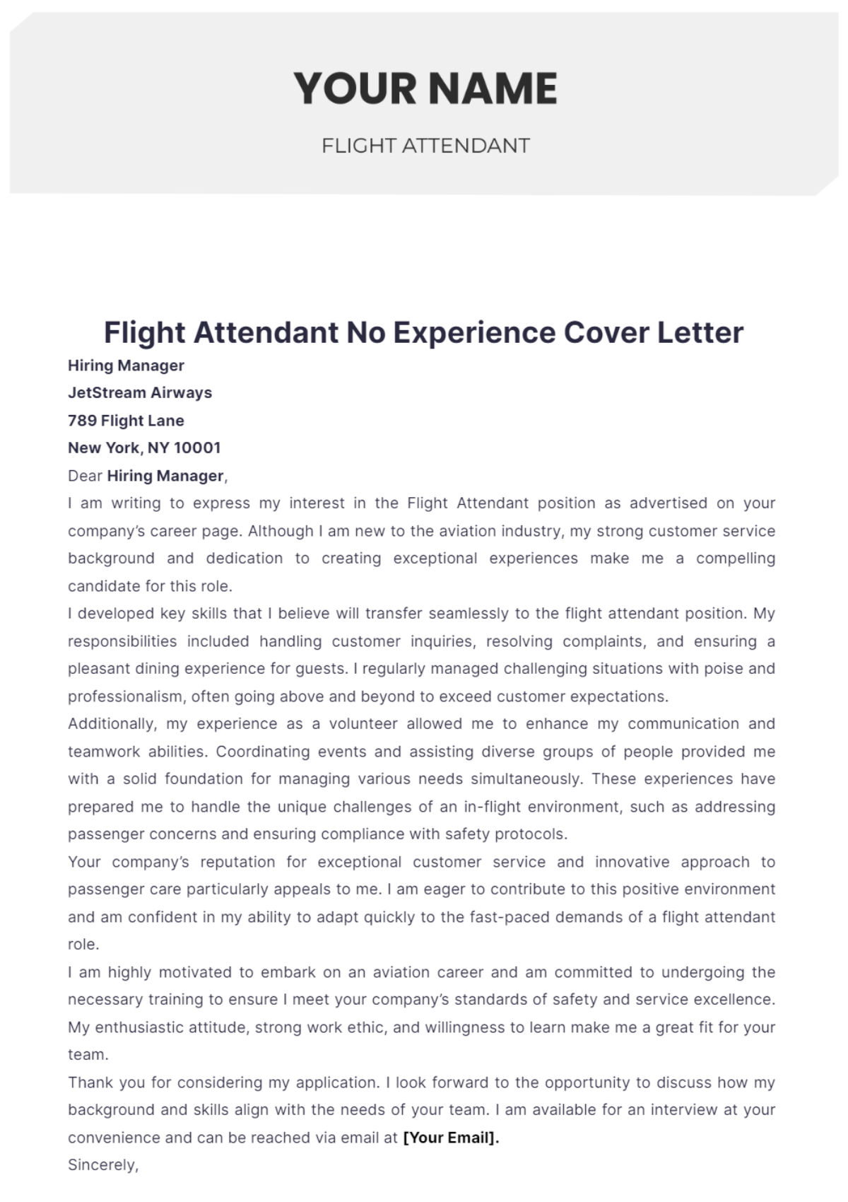 Flight Attendant No Experience Cover Letter - Edit Online & Download