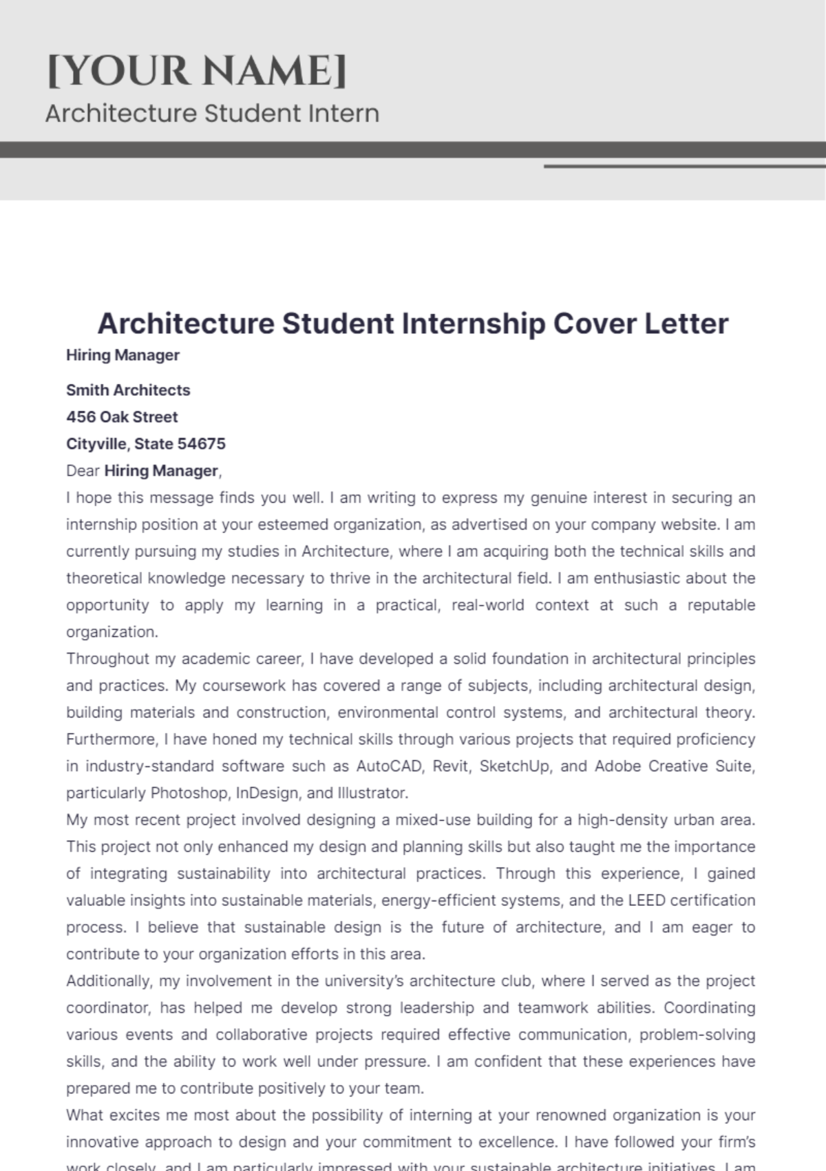 Architecture Student Internship Cover Letter - Edit Online & Download