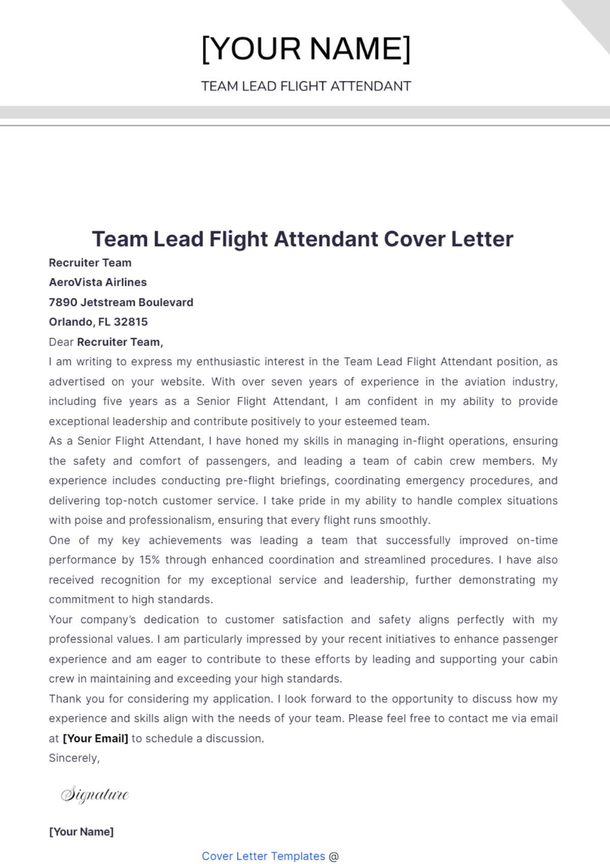 Team Lead Flight Attendant Cover Letter