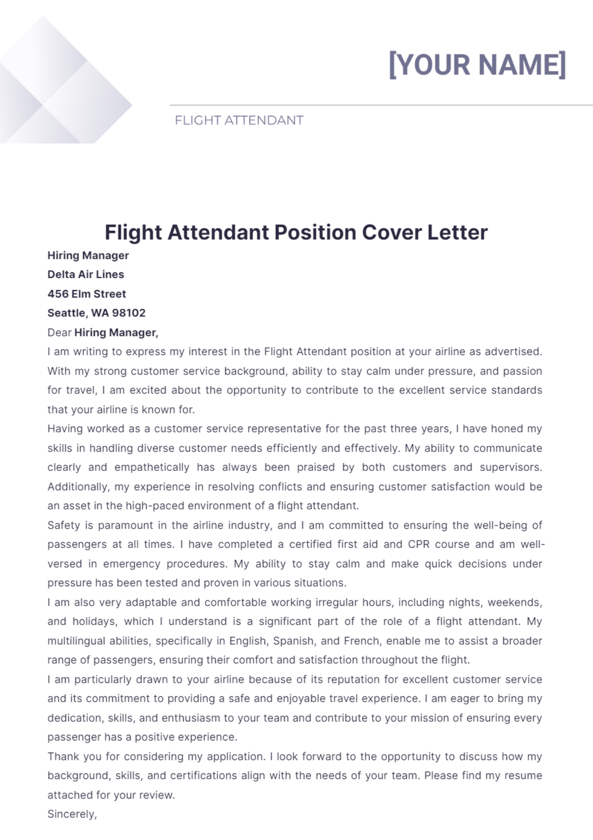 Flight Attendant Position Cover Letter