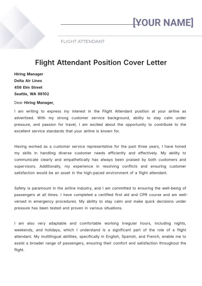 Free Flight Attendant Position Cover Letter to Edit Online