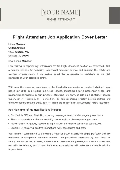 Free Flight Attendant Job Application Cover Letter to Edit Online