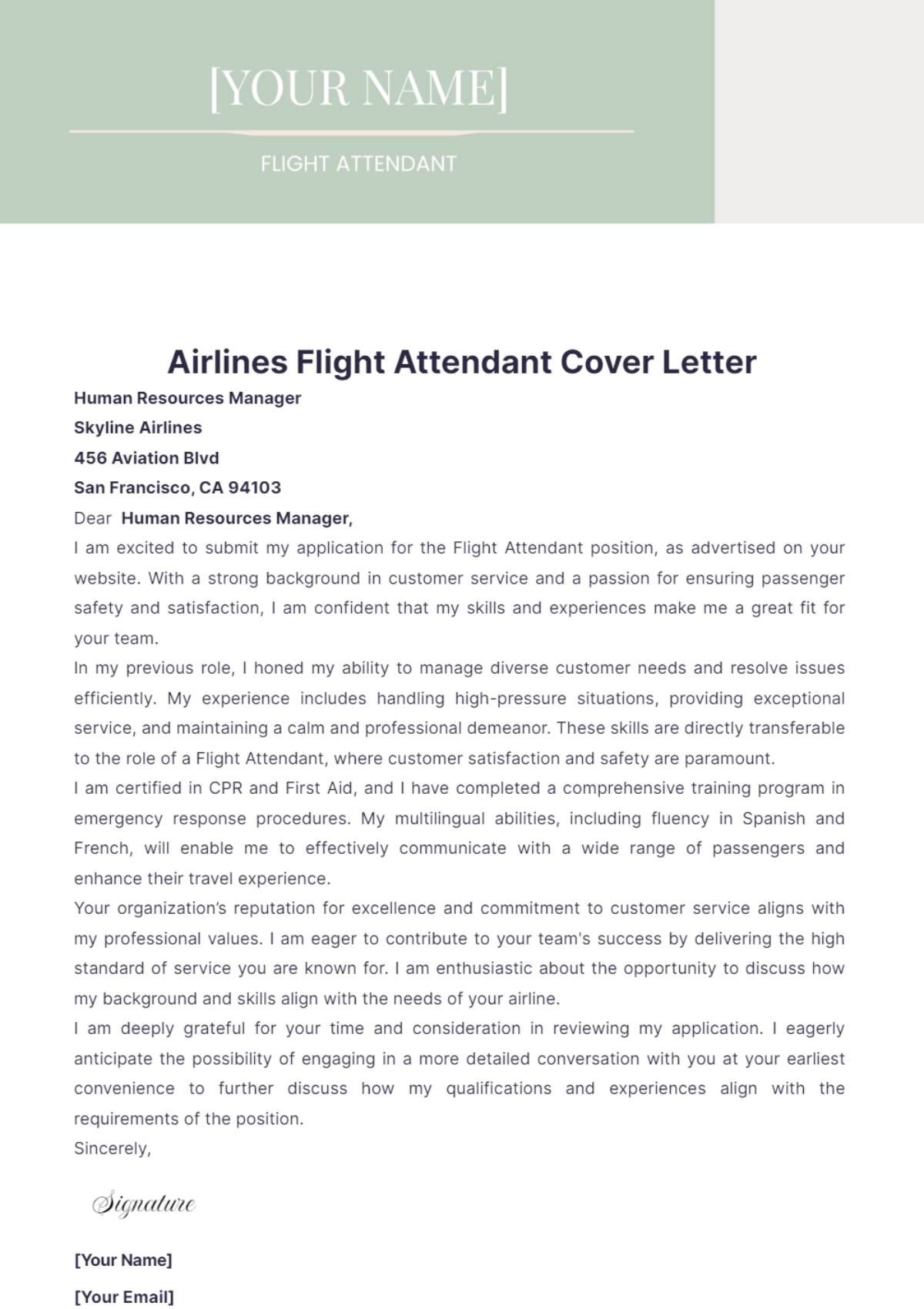 Airlines Flight Attendant Cover Letter - Edit Online & Download