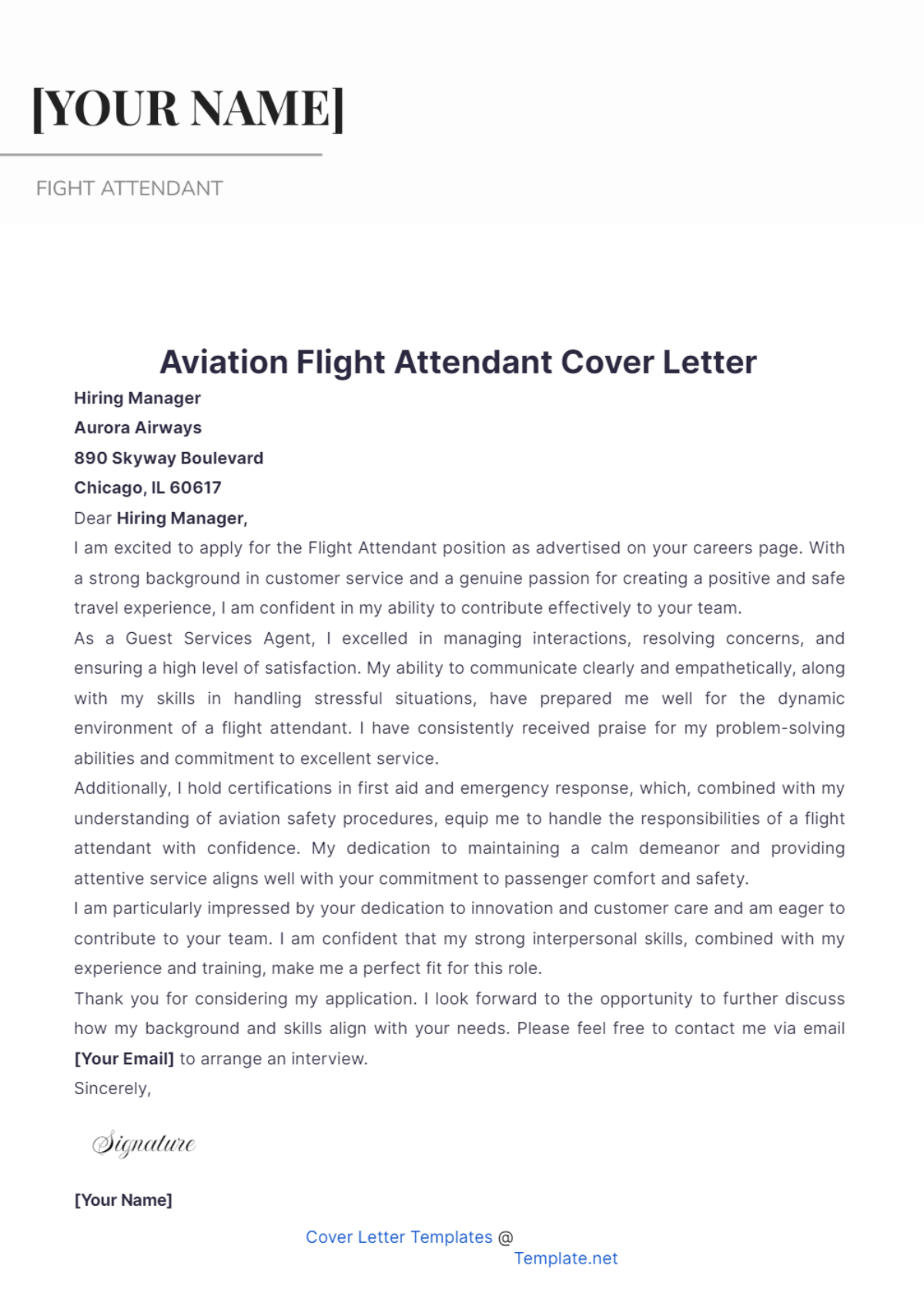 Aviation Flight Attendant Cover Letter