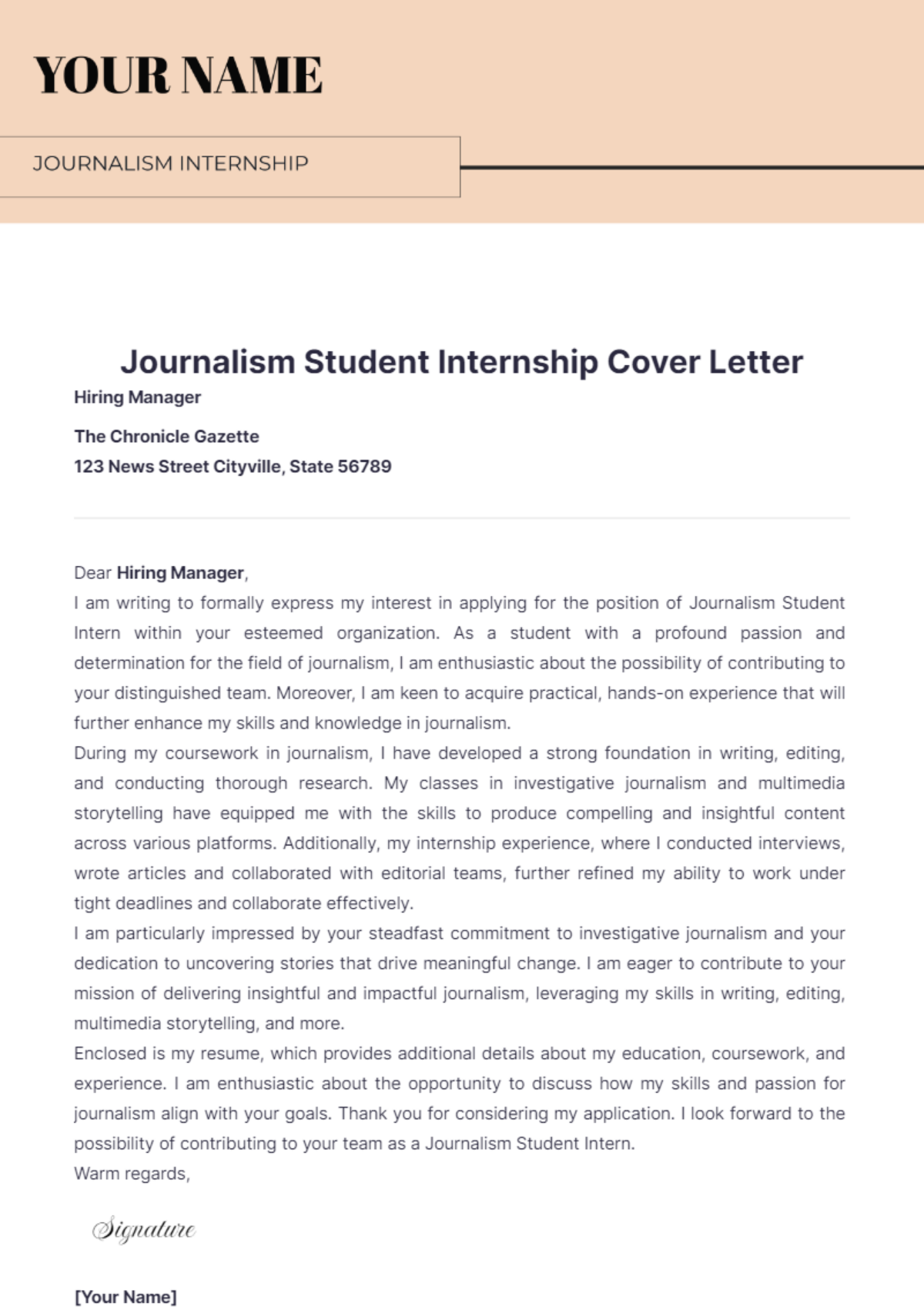 Journalism Student Internship Cover Letter - Edit Online & Download