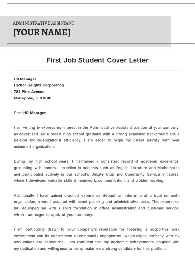 Free First Job Student Cover Letter to Edit Online