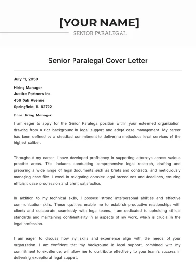 Free Senior Paralegal Cover Letter to Edit Online