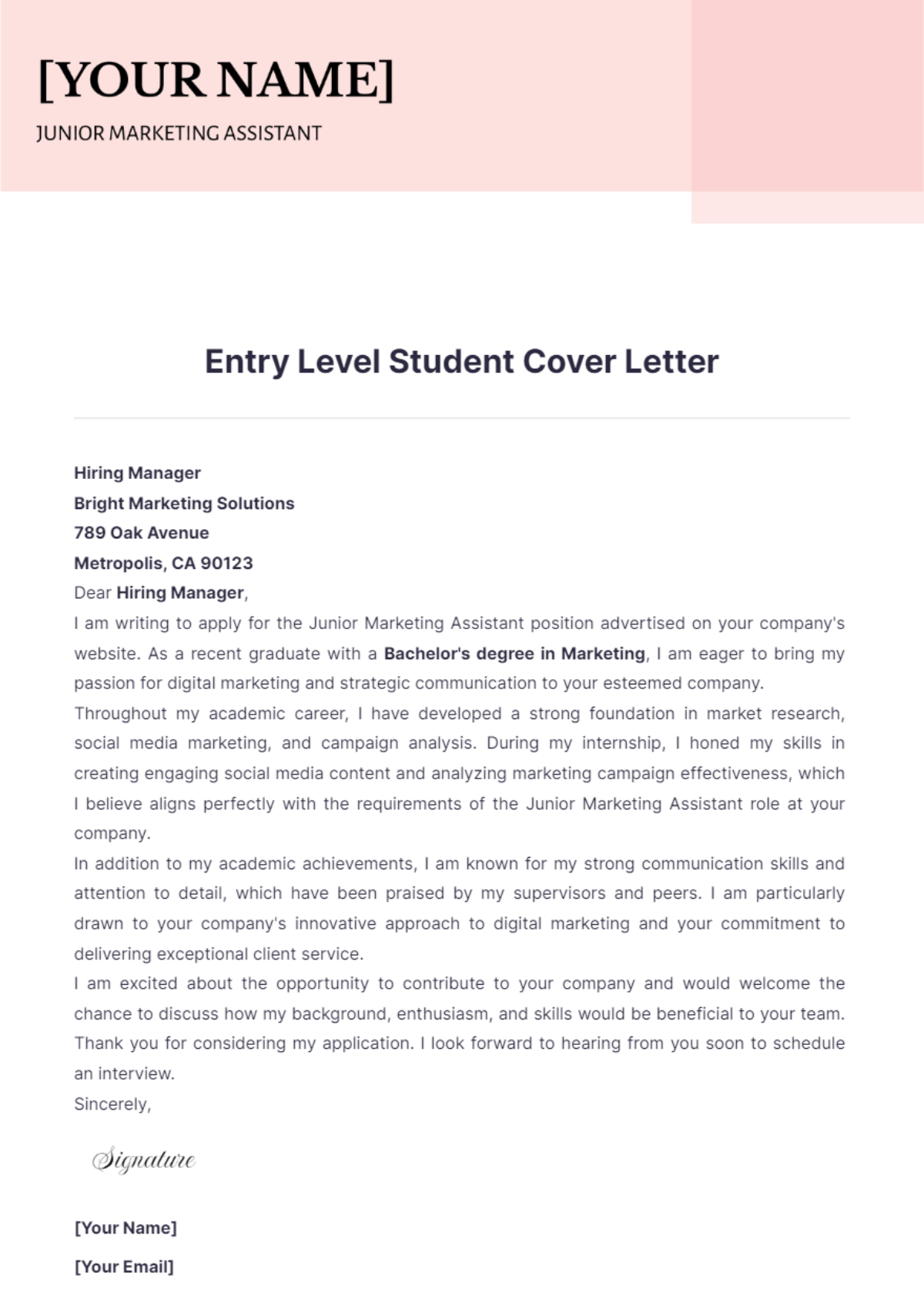 Entry Level Student Cover Letter - Edit Online & Download