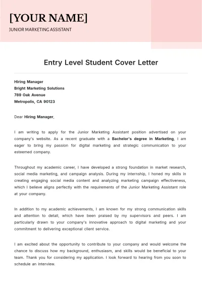 Free Entry Level Student Cover Letter to Edit Online