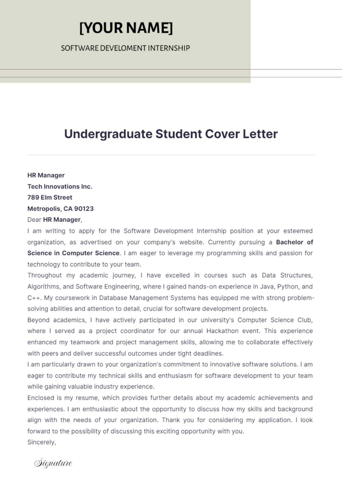 Undergraduate Student Cover Letter - Edit Online & Download