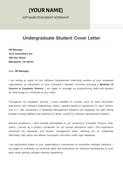 Free Undergraduate Student Cover Letter to Edit Online