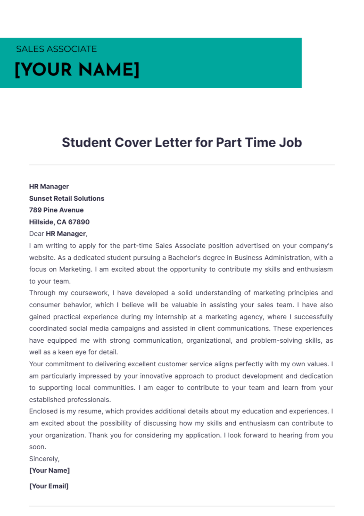 sample cover letter for student part time job