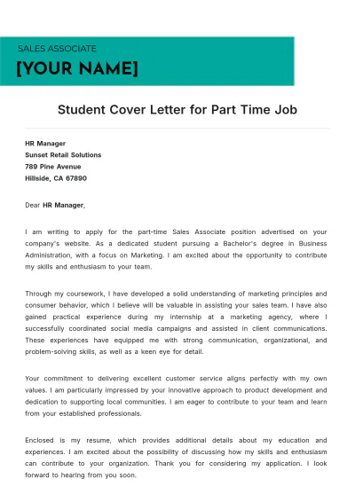 Free Student Cover Letter for Part Time Job to Edit Online