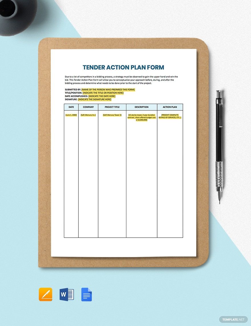 Tender Action Plan Form Template