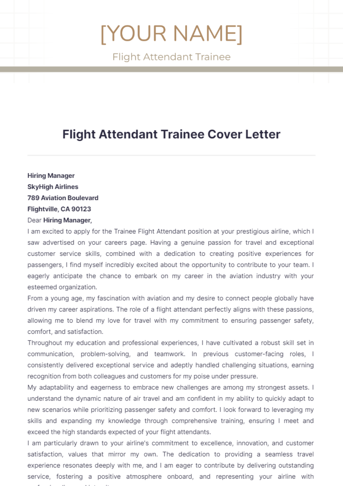 Flight Attendant Trainee Cover Letter - Edit Online & Download