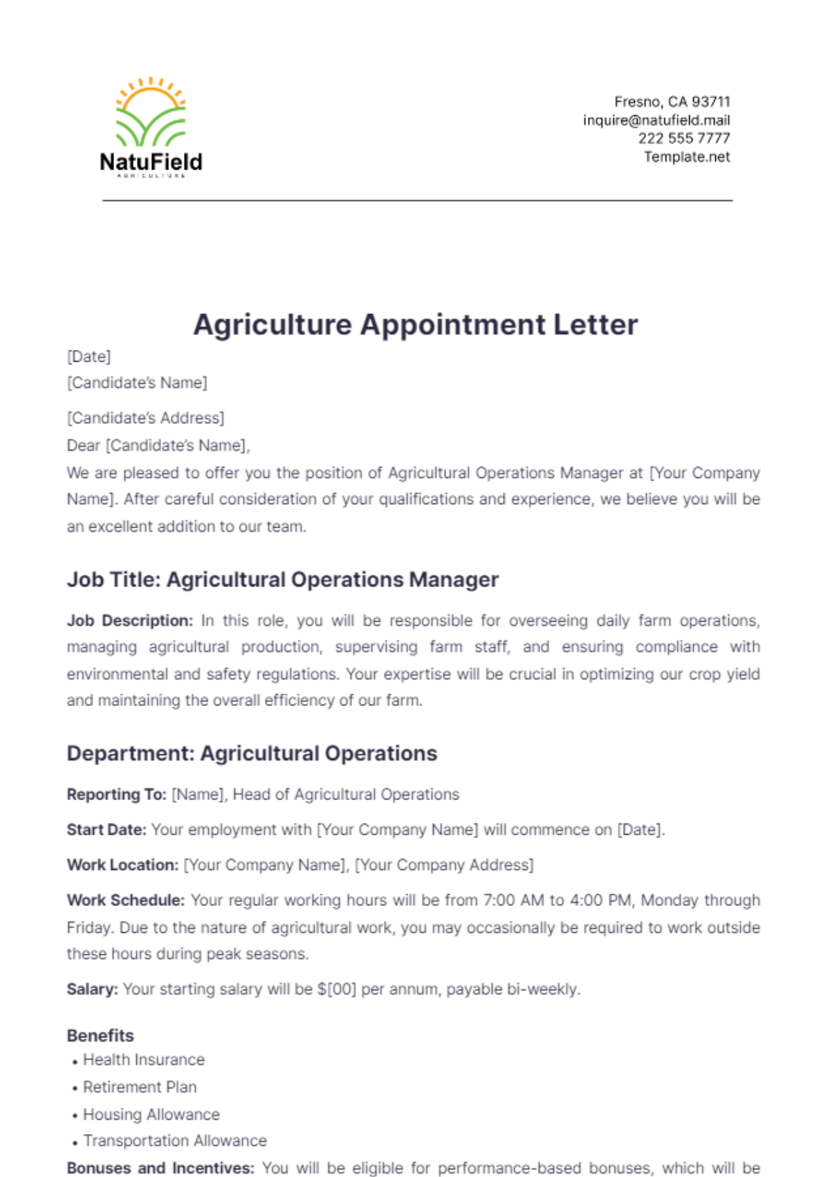 Agriculture Appointment Letter Template - Edit Online & Download