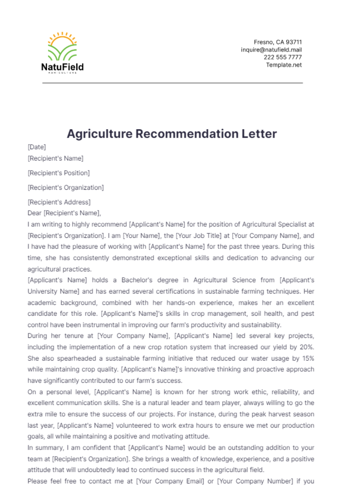 Agriculture Recommendation Letter Template - Edit Online & Download