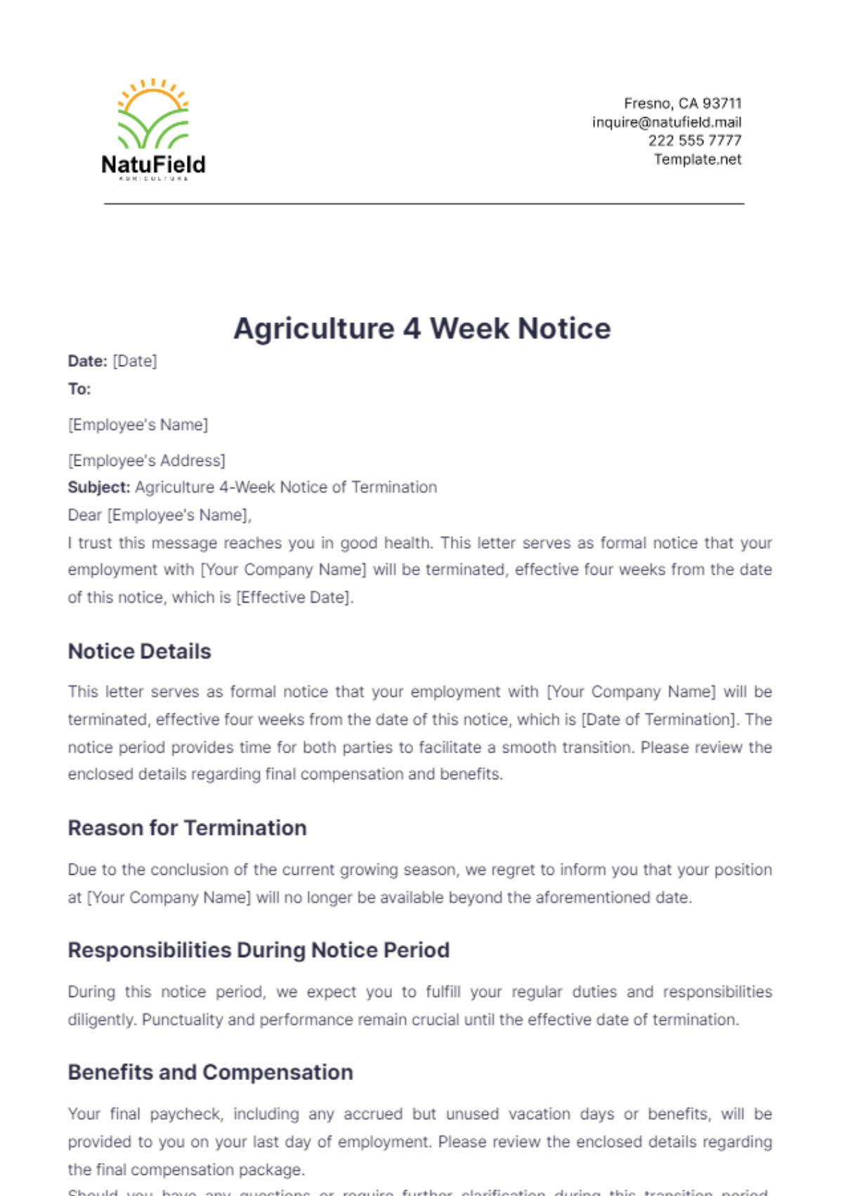 Agriculture 4 Week Notice Template - Edit Online & Download