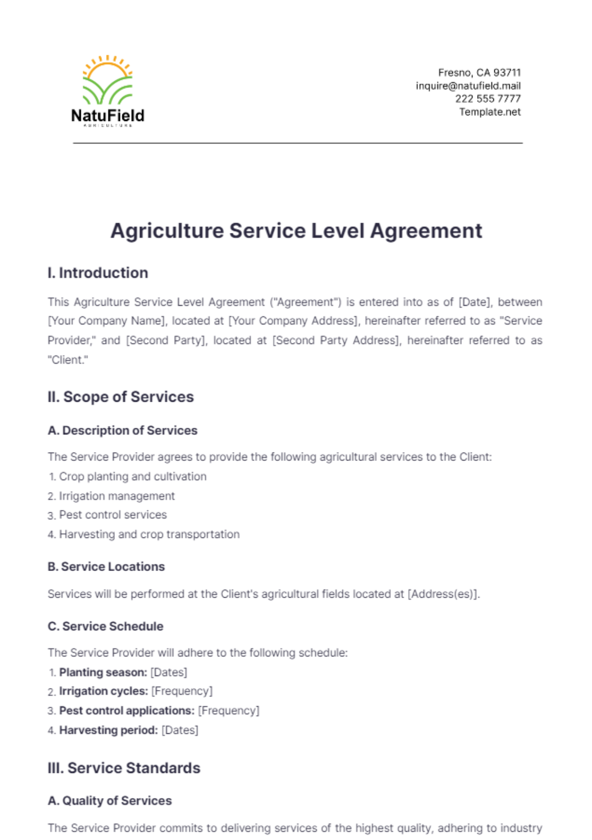 Agriculture Service Level Agreement Template - Edit Online & Download