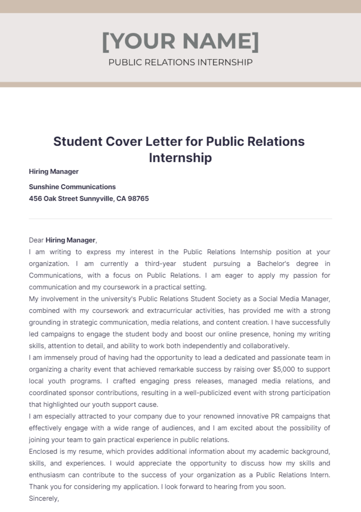 Student Cover Letter for Public Relations Internship - Edit Online & Download