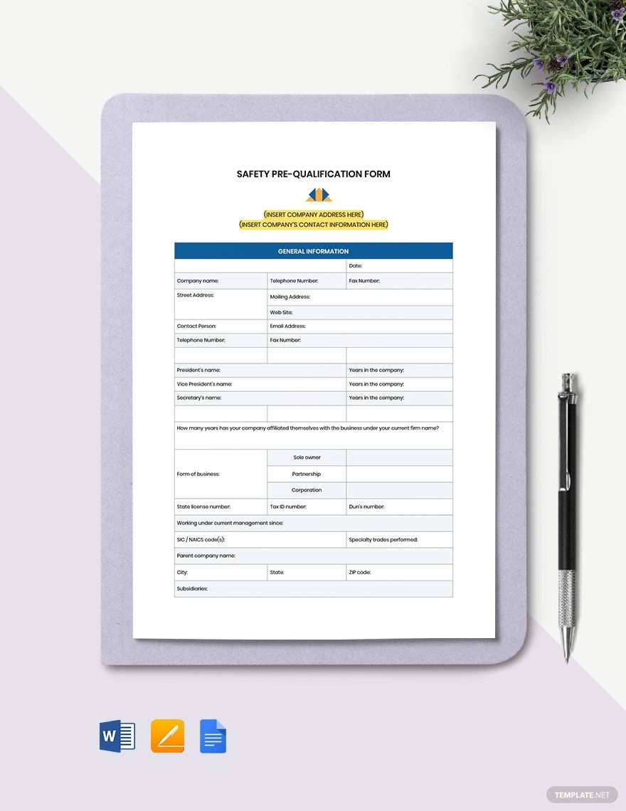 Safety Pre-Qualification Form Template