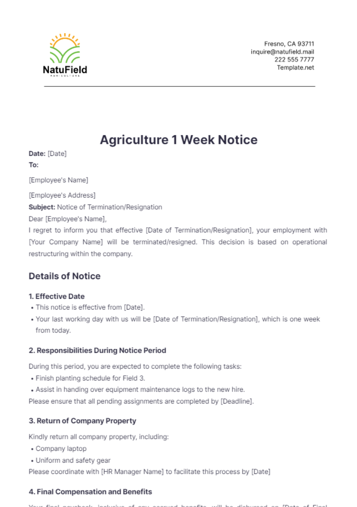 Agriculture 1 Week Notice Template - Edit Online & Download