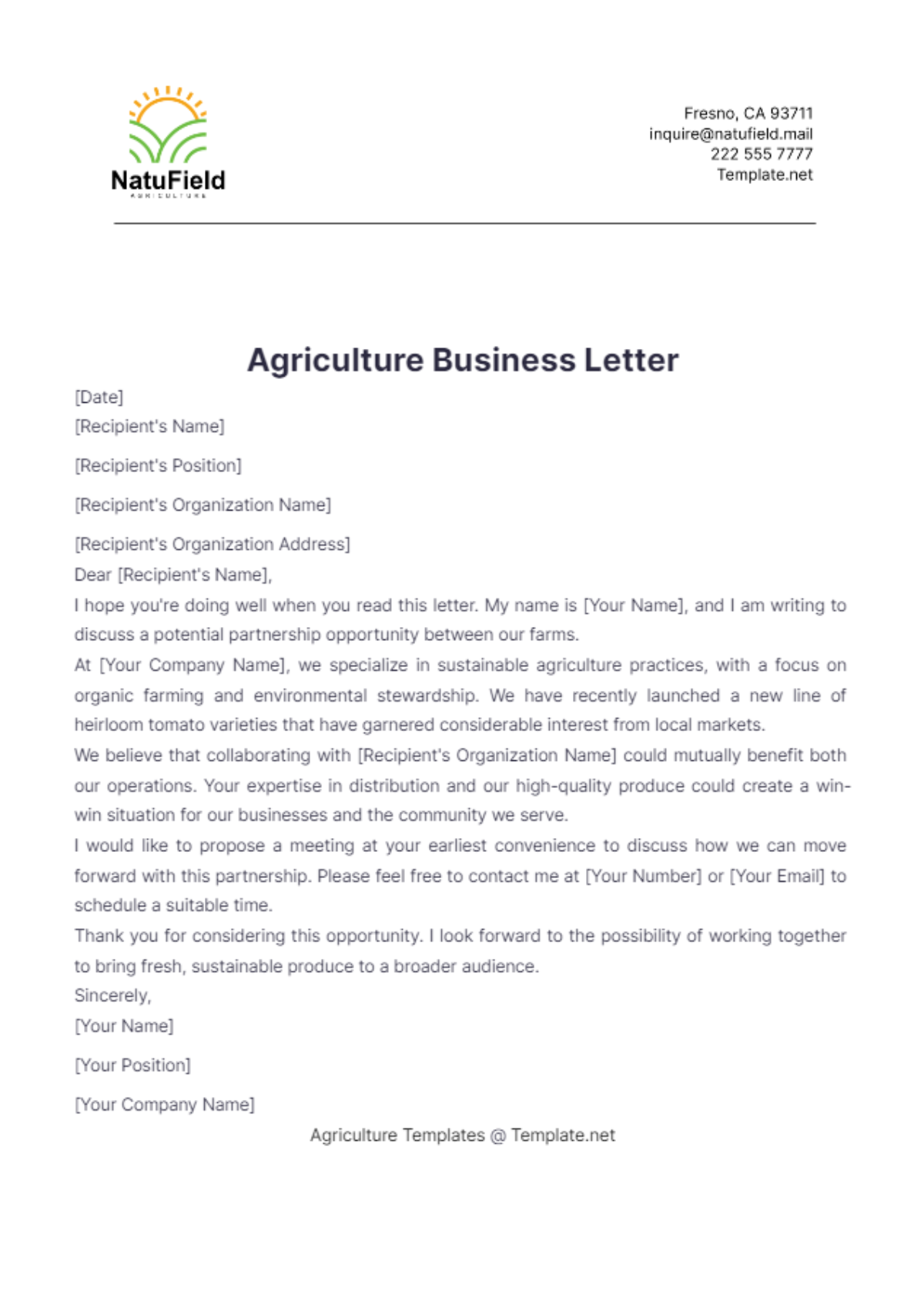 Agriculture Business Letter Template - Edit Online & Download