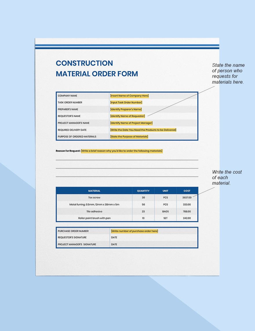 Construction Material Order Form Template in Word Pages Google Docs