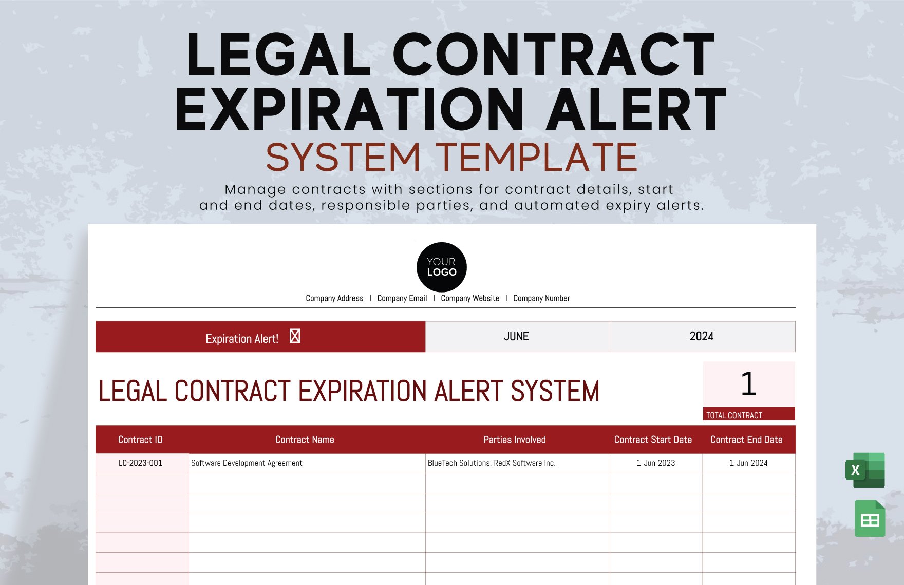 Legal Contract Expiration Alert System Template in Excel, Google Sheets