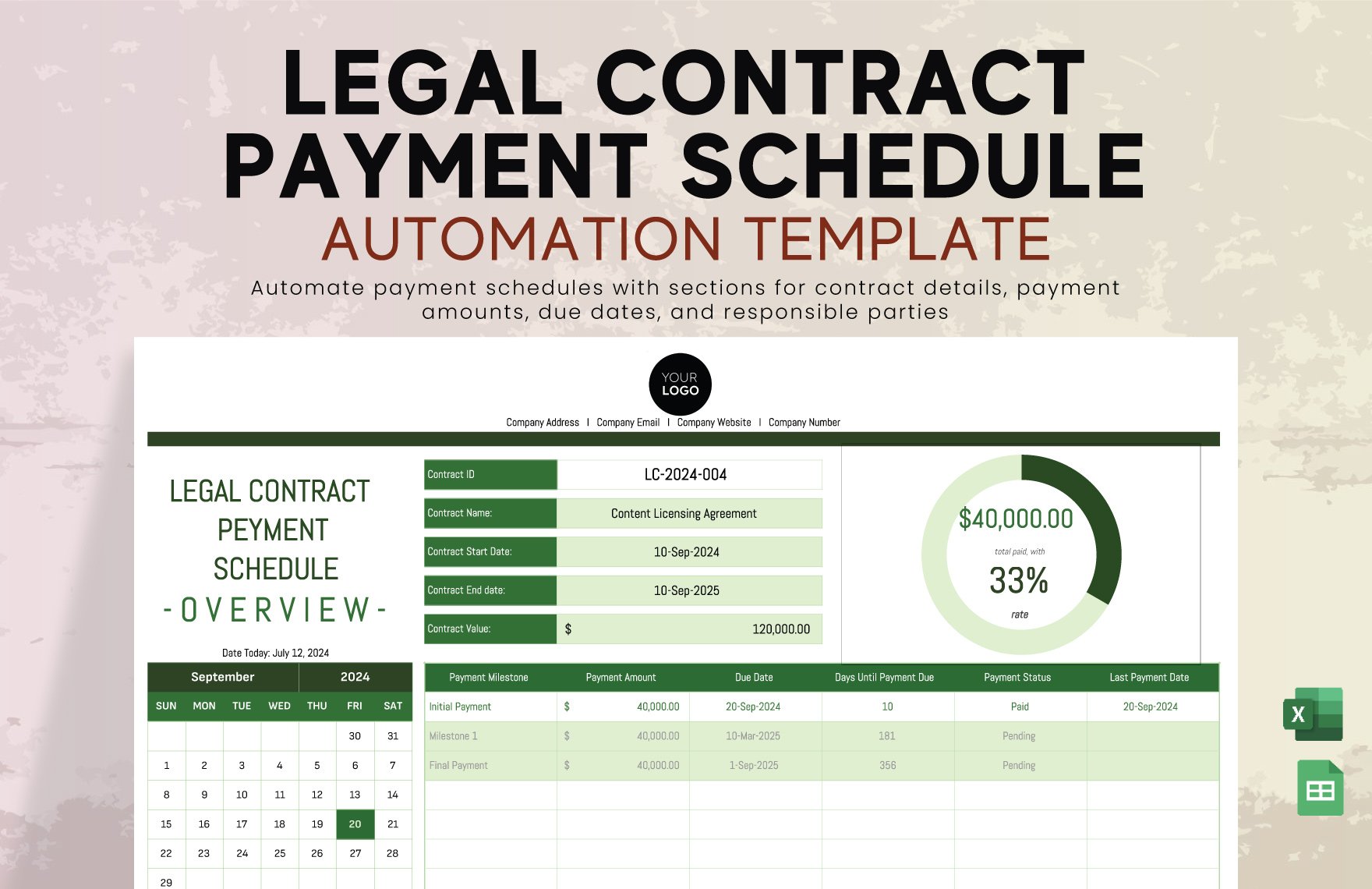 Legal Contract Payment Schedule Automation Template in Excel, Google Sheets