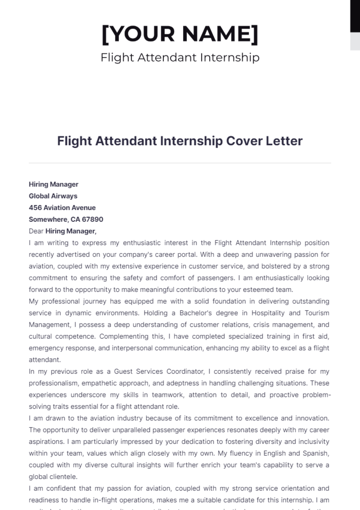 Flight Attendant Internship Cover Letter - Edit Online & Download