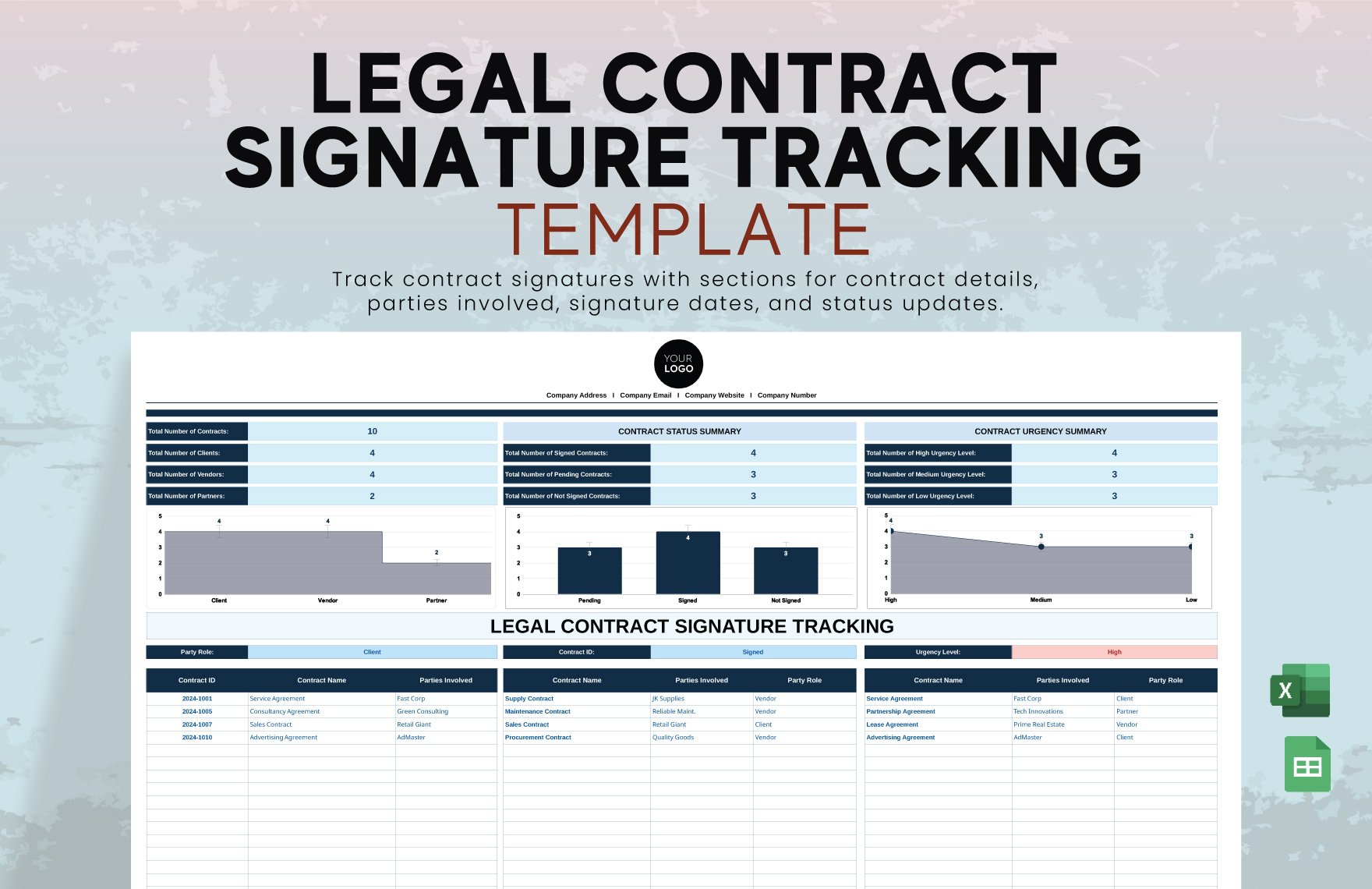 Legal Contract Signature Tracking Template in Excel, Google Sheets